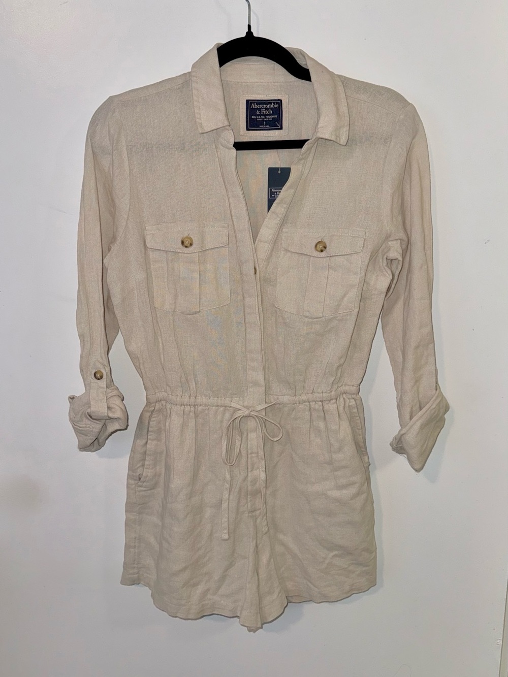 Abercrombie & Fitch Cream‎ Cotto & Linen Blend Button Romper Long Sleeves
